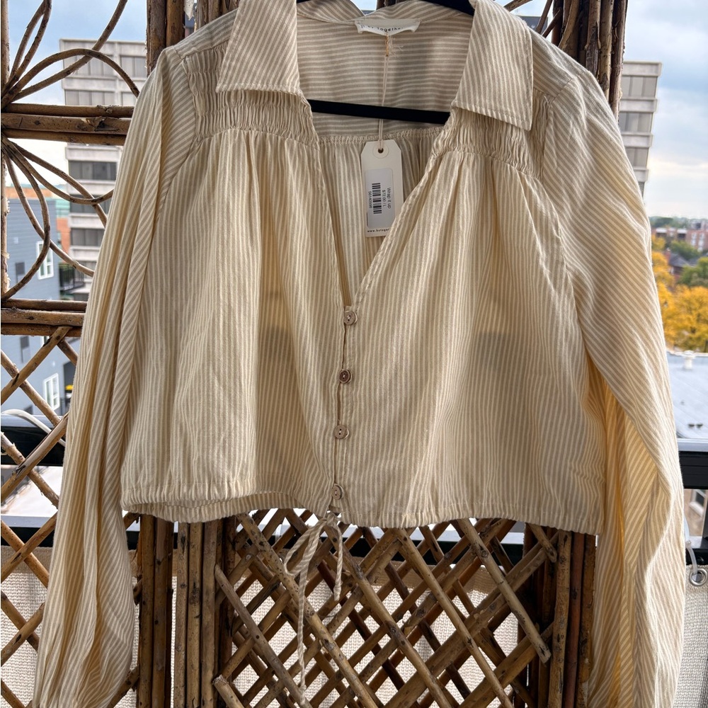 Together Beige Striped Button-Up Cropped Blouse